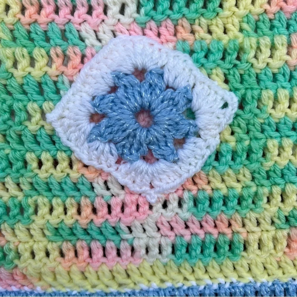Hand Crocheted 3D Flower Baby Afghan Blanket Pastel Squares Scallop Edge 43x36